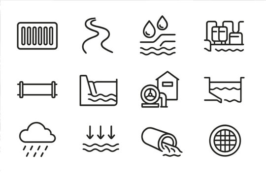 Urban Hydrology Icons. Line style icons of urban hydrology: storm drain, river, pollution, treatment; water pipe, reservoir,