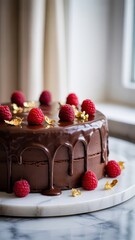 Chocolate drip cake decorated with fresh raspberries and gold flakes on marble surface near window with natural light