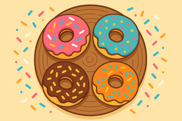 Colorful Donut Medley. Flat lay of colorful donuts sprinkled with vibrant toppings on a wooden plate, playful and cheerful,
