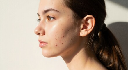 Profile of young woman with acne and problem skin. Close-up of teenager's face with pimples and blemishes. Dermatology and skincare concept