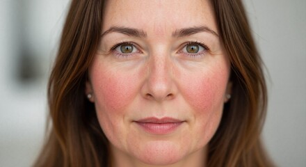 Woman's face with rosacea skin condition. Close-up portrait showing redness and flushing on cheeks. Dermatology and medical concept
