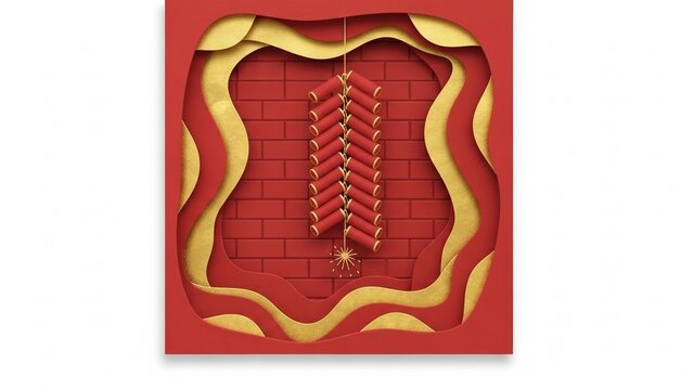 Minimalist firecrackers hanging in modern paper cut style for Lunar New Year celebration on white background