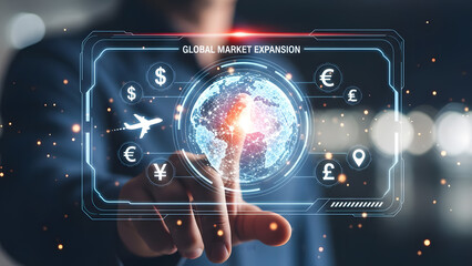 Global market expansion world map business commerce trade currency icon network connection international finance strategy digital growth solution