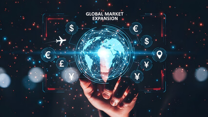 World map global market expansion business trade commerce currency symbol network connection international finance strategy digital growth goal