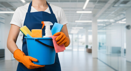 Cleaning service worker apron glove bucket sponge spray bottle office professional hygiene sanitation maintenance domestic household janitor chores company