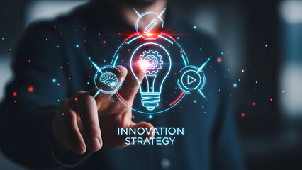 Innovation strategy light bulb brain gear idea business technology creativity success vision growth connection digital solution power startup mind