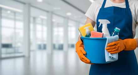 Cleaning service worker apron glove bucket sponge spray bottle office professional hygiene sanitation maintenance domestic household janitor chores company