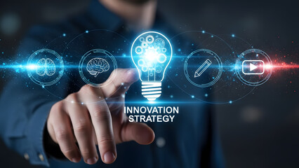 Innovation strategy light bulb brain gear idea business technology creativity success vision growth connection digital solution power startup mind