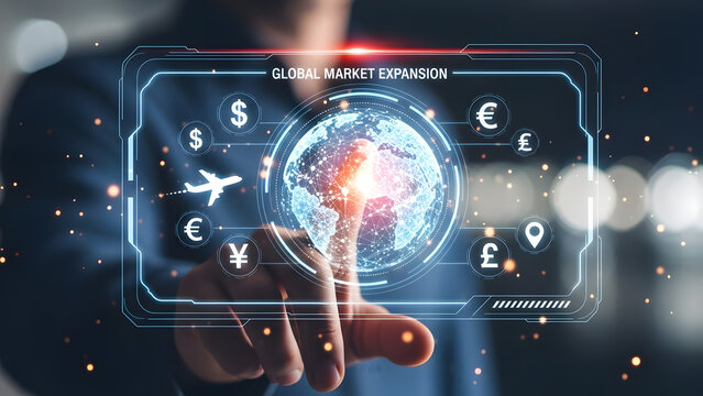 Global market expansion world map business commerce trade currency icon network connection international finance strategy digital growth solution - Powered by Adobe