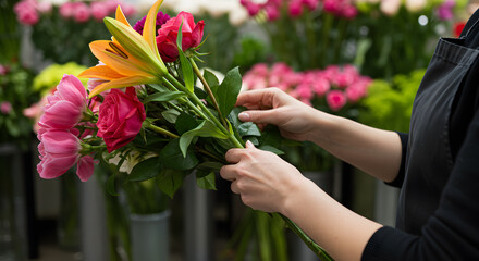 Florist flower lily rose bouquet shop business nature plant garden apron hand petal leaf bloom gift spring summer