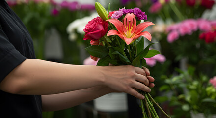 Florist flower lily rose bouquet shop business nature plant garden apron hand petal leaf bloom gift spring summer