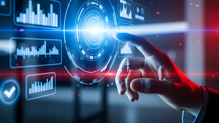 Digital interface data chart graph technology business analysis information screen dashboard hand touch intelligence system connection futuristic