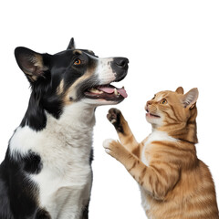 Dog and cat looking at each other transparent background