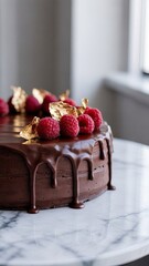 Chocolate Drip Cake Raspberries Gold Flakes, Elegant Chocolate Cake Fresh Berries Natural Light