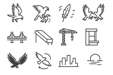 Fototapeta premium Skyline Hunting Icons. Line style icons of skyline hunting: falcon strike, prey in talons, feather scatter, mid-air clash; city