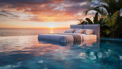 A double bed gracefully floats in a pool, complete with a comfy mattress and cushions, capturing the serene beauty of a sunset and epitomizing the idyllic summer vacation experience.