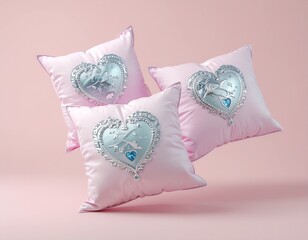 Pink pillows decorated with silver and blue hearts, isolated against a pink backdrop. Created using 3D rendering.