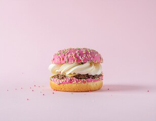 Pastel-pink dessert burger featuring sprinkles and cream filling, presented against a soft-hued backdrop. It combines the whimsical elements of cake with the visual appeal of fast food.