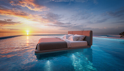 A double bed gracefully floats in a pool, complete with a comfy mattress and cushions, capturing the serene beauty of a sunset and epitomizing the idyllic summer vacation experience.