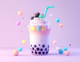 This picture presents a visually appealing 3D rendition of bubble tea, enhanced with colorful jelly toppings and boba pearls, set against a vibrant pink and purple backdrop.