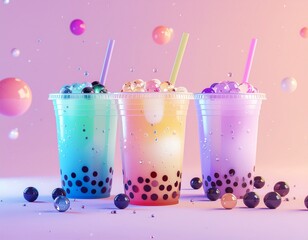 This picture presents a visually appealing 3D rendition of bubble tea, enhanced with colorful jelly toppings and boba pearls, set against a vibrant pink and purple backdrop.