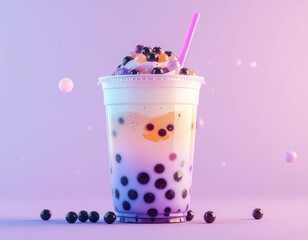 This picture presents a visually appealing 3D rendition of bubble tea, enhanced with colorful jelly toppings and boba pearls, set against a vibrant pink and purple backdrop.