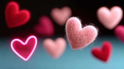 Obraz premium Vibrant hearts in various shades float against a blurred background, showcasing a minimalistic design with neon colors, perfect for romantic themes and modern decor, with copy space for text