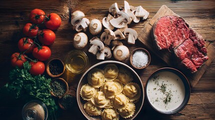 meat with mushrooms and pasta