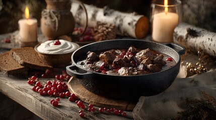 Gusseiserne Pfanne mit Rindfleischeintopf