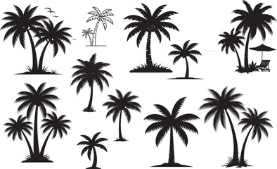 Silhouette of various palm trees isolated on transparent background