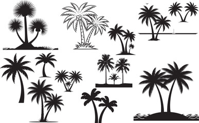Silhouette of various palm trees isolated on transparent background