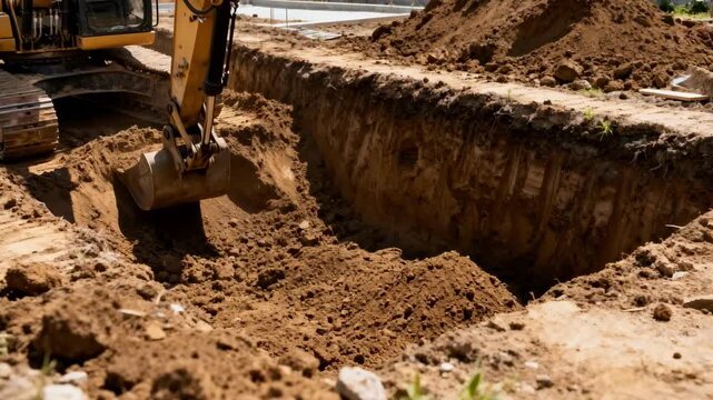 Excavator with long arm digging deep trenches in soil lifting heavy dirt to reshape terrain for upcoming building foundations.