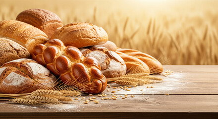 An assortment of braided and round bread loaves on a wooden surface, perfect for bakery menus and traditional food concepts