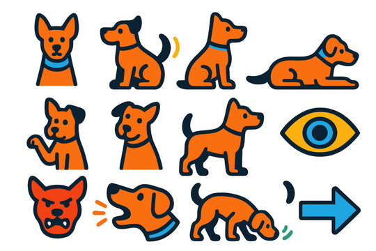 Canine Body Language Icons. Flat vector icons of canine body language and cues: ear perk, tail wag, sitting posture, lying down,