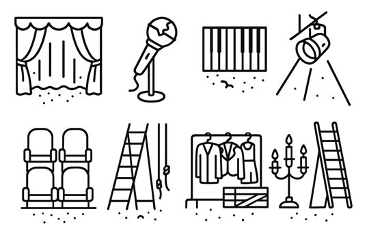Abandoned Stage Icons. Line style icons of abandoned stage: faded curtain, broken microphone, piano keys, spotlight beam; dusty