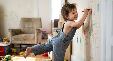 Happy toddler boy drawing on living room wall with a red crayon for childhood creativity concept and playful home art