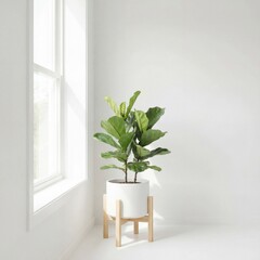 Fiddle leaf fig houseplant in bright minimalist white room