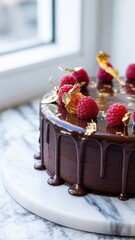 Chocolate drip cake decorated with fresh raspberries and gold leaf on marble cake stand near bright window with natural light