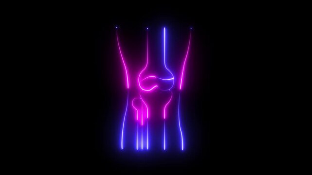 Joint glowing neon line animation. Cartilage animated icon. Squeezing leg, extending. X ray, bones. Physiology, anatomy. Isolated illustration on dark background. Motion graphic