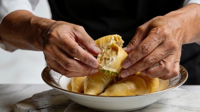 Ripe durian fruit flesh porcelain plate hands peeling tropical fruit with rich aroma ripe durian