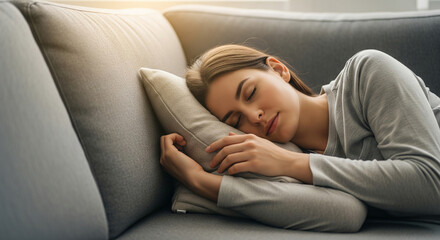 A cozy woman sleeping on a sofa hugging a pillow, perfect for deep sleep concepts and comfortable living plans