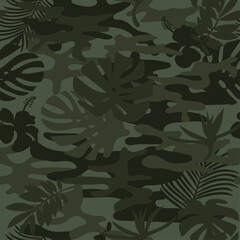 Abstract Camouflage with leaves and twigs, seamless hand-drawn seamless pattern,  fabric. Tropical camo texture.  floral background. Vector wallpaper print