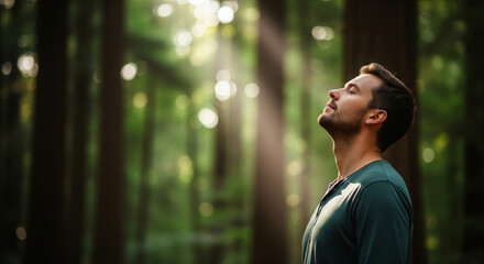 A serene man breathing fresh forest air in sunlight, perfect for nature therapy concepts, environmental health goals, and wellness plans © Kamran