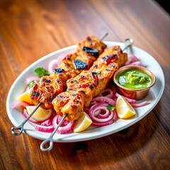 Chicken shish kebab with vegetables, chicken with onion, chicken with sauce,fried chicken in plate 