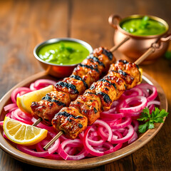Grilled Chicken Skewers with Sweet Potatoes, Salad, and Red Onions on White Plate, chicken with mint sauce 