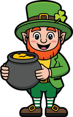 Cartoon leprechaun holding a pot of gold coins wearing green hat and suit smiling  St Patricks Day symbol with red beard and buckles