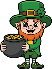 Cartoon leprechaun holding pot of gold coins wearing green hat and clothes  smiling  St Patricks Day