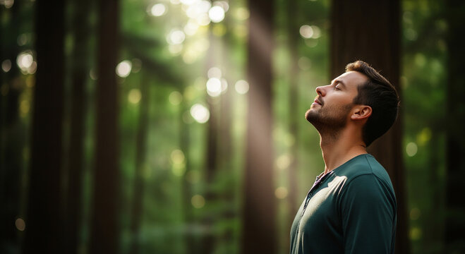 A serene man breathing fresh forest air in sunlight, perfect for nature therapy concepts, environmental health goals, and wellness plans