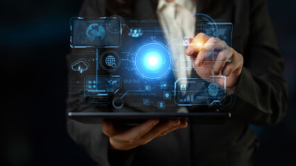 A futuristic command center interface for managing a global technology platform. The dashboard includes data security, network administration, and biometric user authentication. Fermion