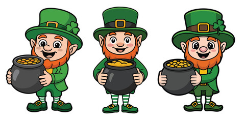 Three cartoon leprechauns in green hats and suits holding pots of gold coins  smiling and standing in different poses  symbolizing good luck and wealth